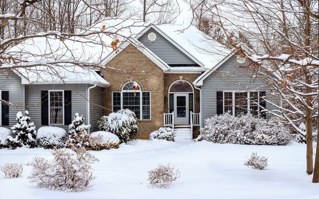 A large home with trees and bushes in front all covered in a thick layer of new snow showing off perfect winter curb appeal.